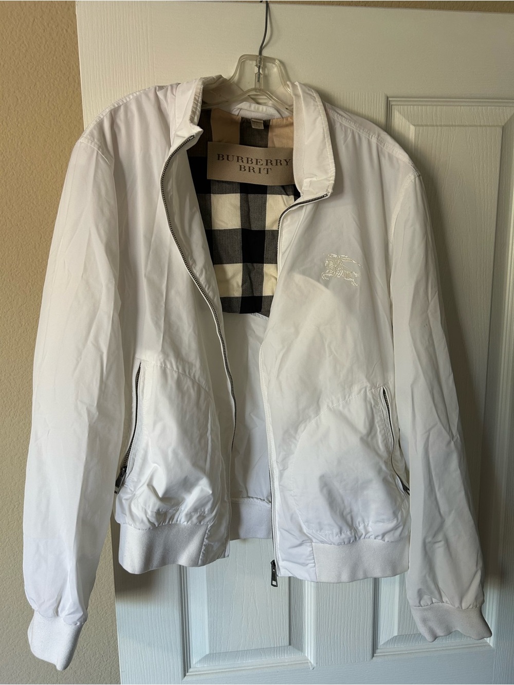 Burberry White Men's Bomber Jacket with Check Lining